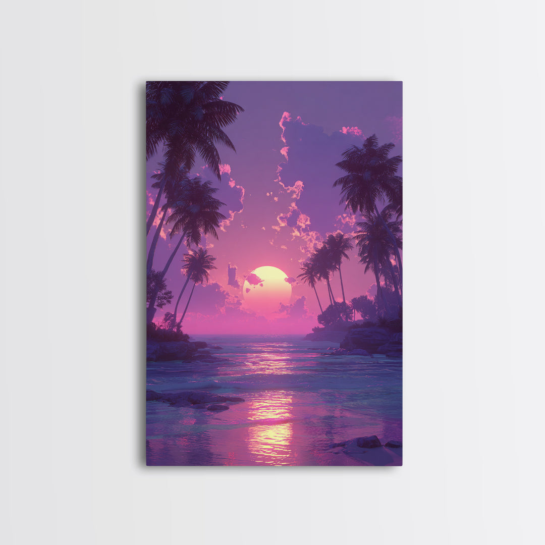 Peaceful Pink Purple Sunset Between Palm Trees Over Gentle Ocean Waves Framed Canvas Print For Home
