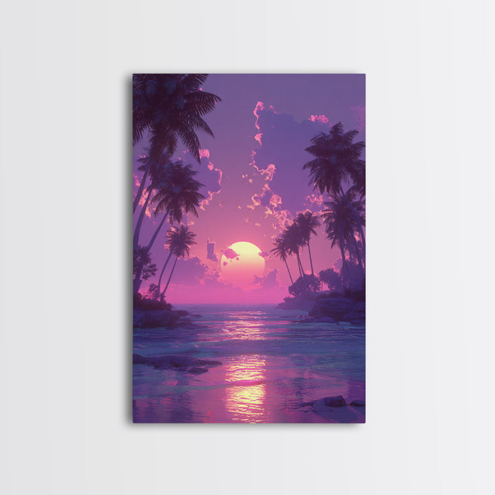 Peaceful Pink Purple Sunset Between Palm Trees Over Gentle Ocean Waves Framed Canvas Print For Home