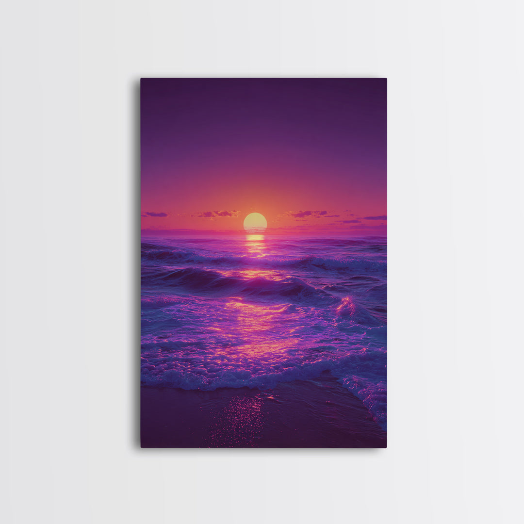 Surreal Ocean Sunset With Deep Purple And Pink Hues Canvas Print For Bedroom Wall Art And Coastal Home Decor