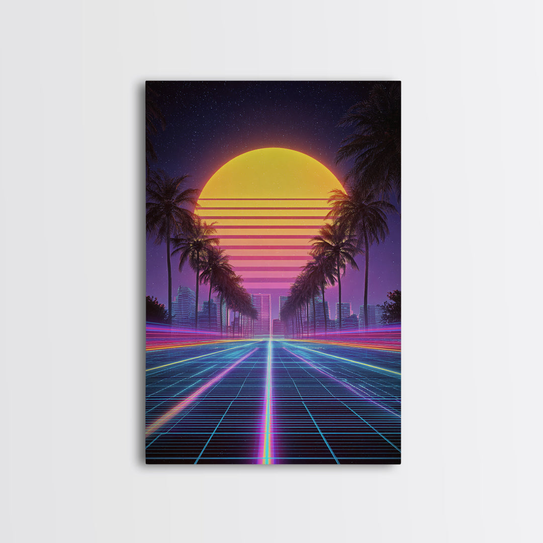 Retro Sunset Over Neon Cityscape With Palm Trees Digital Wall Art Framed Canvas Print Modern Wall Decor