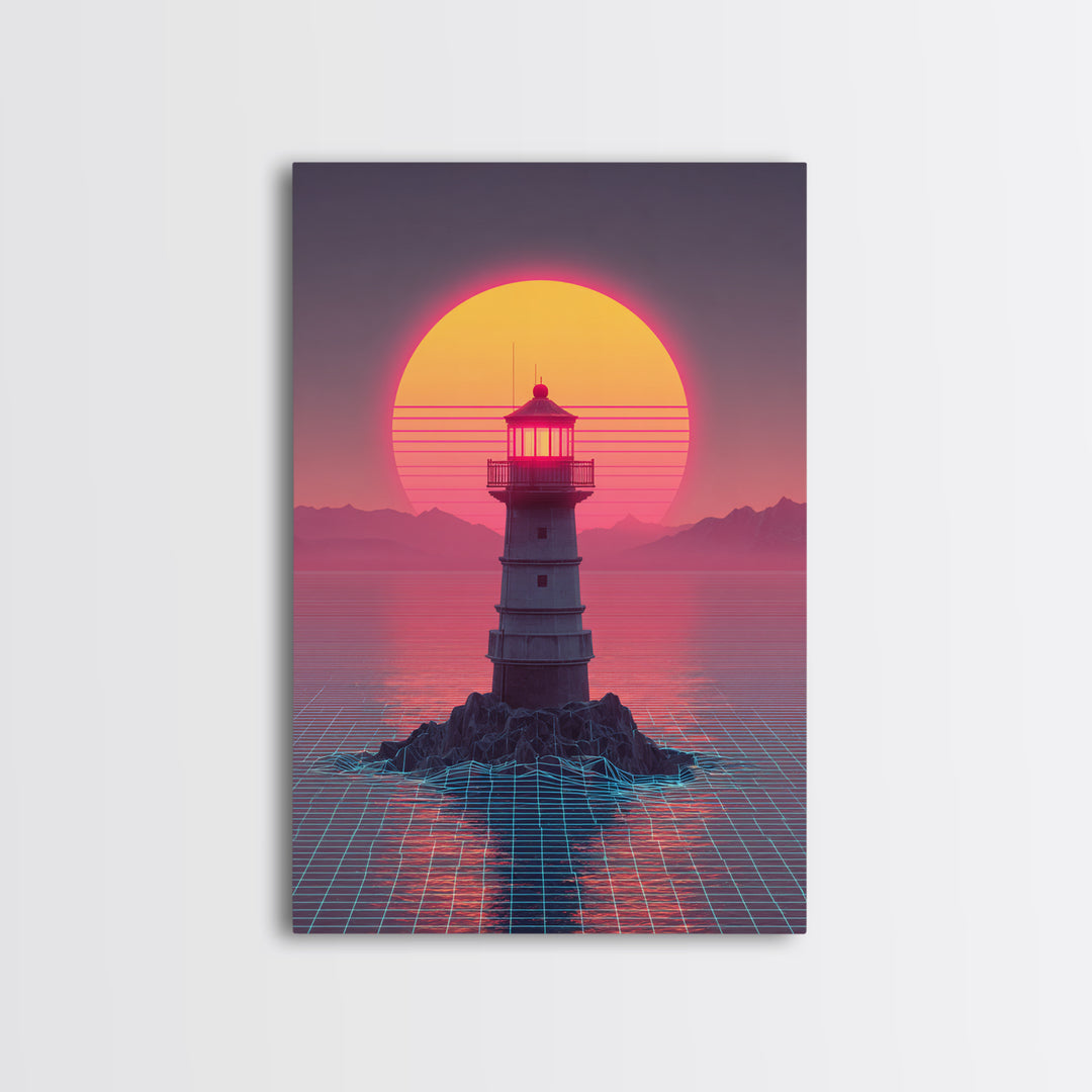 Retro Futuristic Neon Sunset Lighthouse Cityscape Digital Art Vibrant Large Wall Art Framed Canvas Print Modern Decor