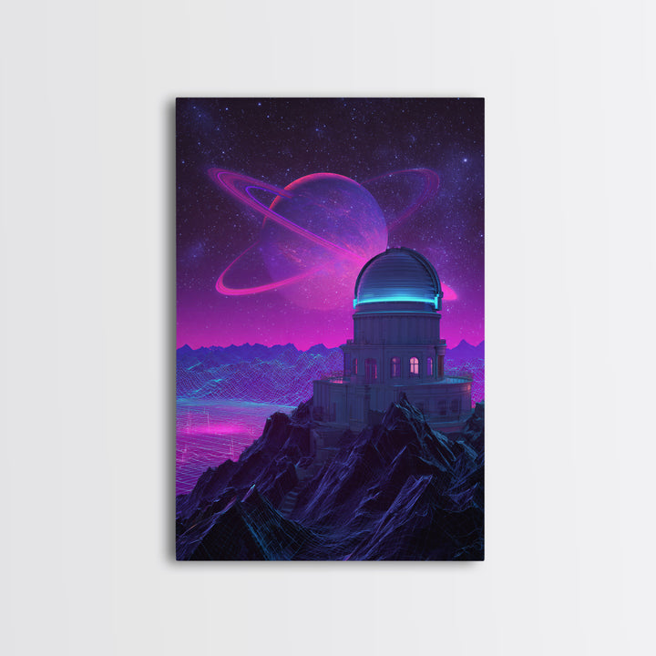 Futuristic Neon Space Observatory With Glowing Planet Against Starry Sky Wall Art Canvas Print For Sci Fi Decor