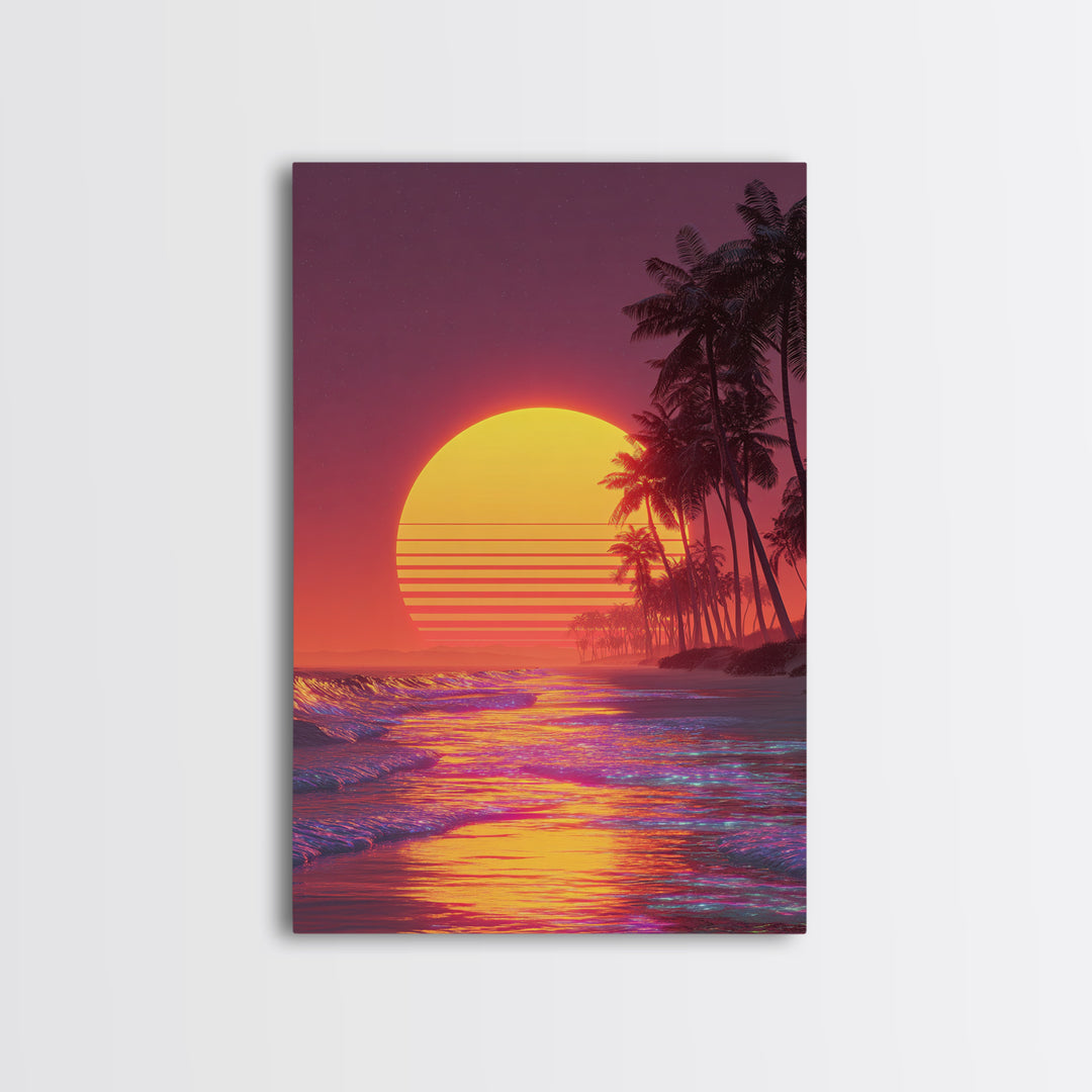 Bright Neon Orange Sun Over Tropical Beach Palm Trees With Stunning Waves Canvas Print Vibrant Modern Wall Art For Home