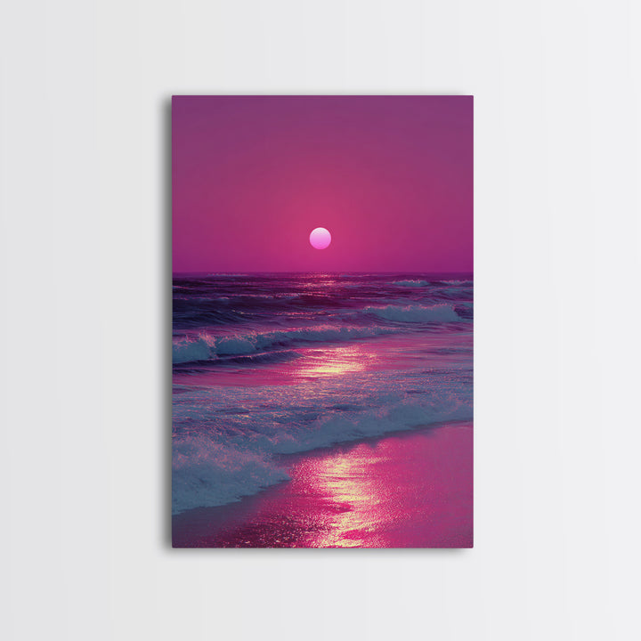 Vibrant Pink Sunset Over Ocean Waves With Reflective Light Coastal Wall Art Canvas Print For Beach House