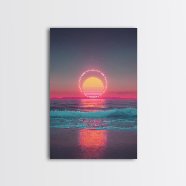 Digital Neon Sunset Ocean With Circular Glow Abstract Waves Modern Wall Art Large Framed Canvas Print Coastal Decor