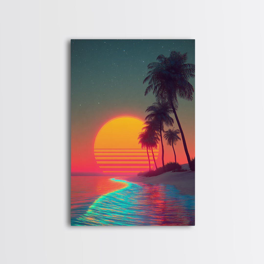 Retro Sunset Beach Landscape With Vibrant Neon Ocean Waves And Palm Trees Canvas Print For Modern Coastal Home Decor