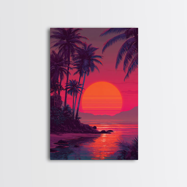 Evocative Tropical Sunset Island Coastal Artwork With Vibrant Red And Pink Sky Canvas Print For Modern Tropical Wall Decor