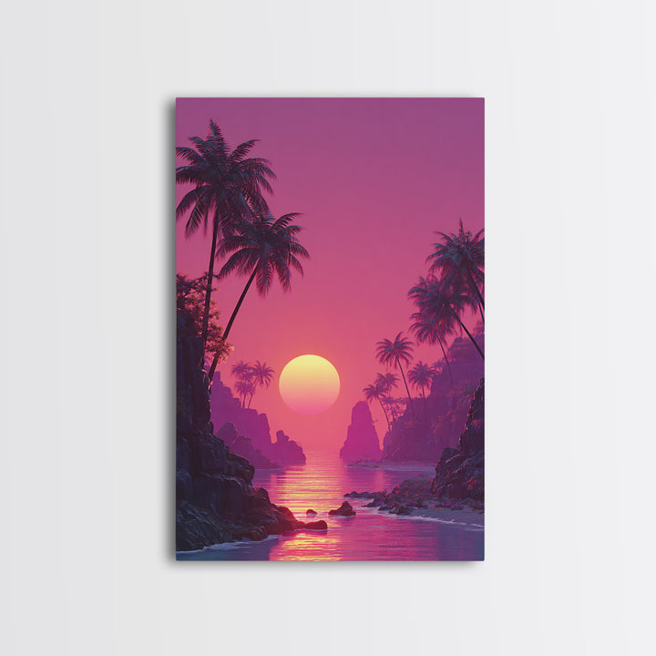 Stunning Pink Sunset Tropical Beach Landscape With Palm Trees Wall Art Canvas Print For Coastal Home Decor And Bedroom