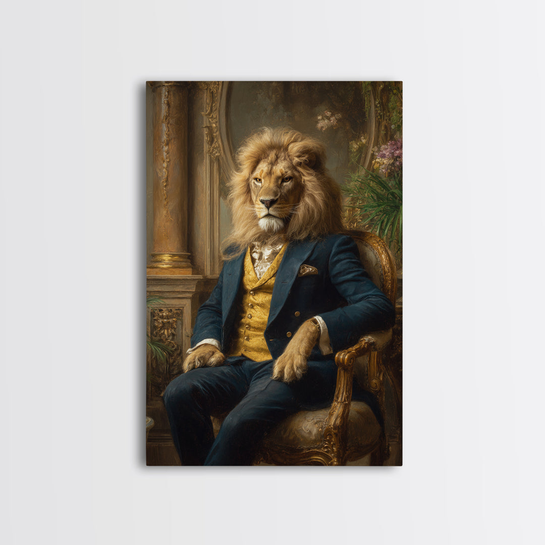 Noble Lion In Blue Suit On Gilded Throne Canvas Print, Regal Animal Wall Art, Luxury Maximalist Office Decor Gift For Him