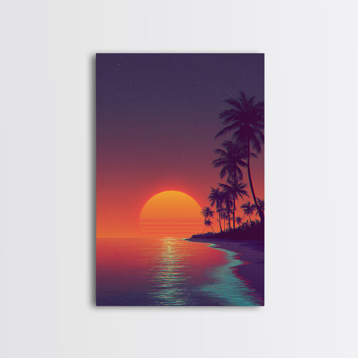 Vibrant Retro Sunset Over Tropical Beach Digital Artwork Modern Wall Art Framed Canvas Print Coastal Home Decor