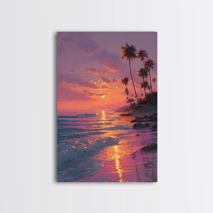 Palm Trees Sunset Beach Landscape Painting Wall Art Canvas Print For Cozy Living Room Modern Coastal Wall Decor