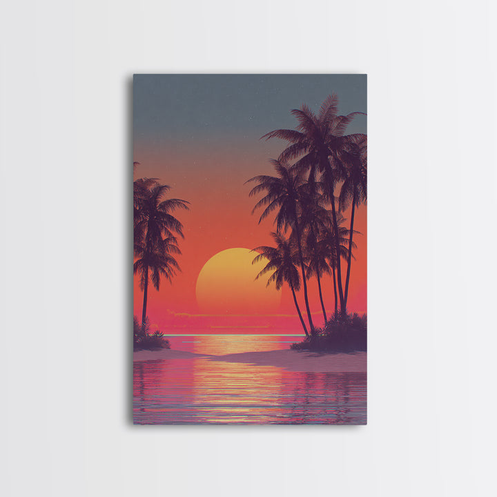 Tropical Sunset Beach Scene Wall Art With Palm Trees And Vibrant Coral Sky Framed Canvas Print Perfect For Coastal Home Decor