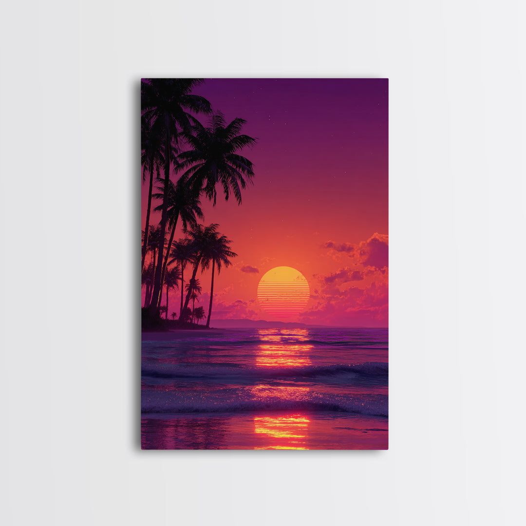 Vibrant Retro Sunset Beach Palm Tree Painting Wall Art Print For Bedroom And Coastal Home Decor Canvas Print