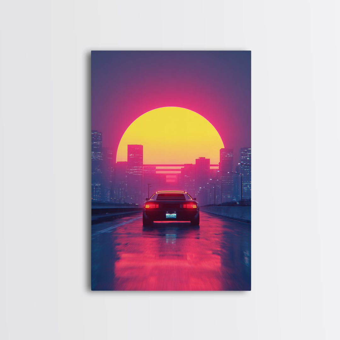 Retro Futuristic Neon Cityscape With Classic Car Sunset Wall Art Canvas Print Gaming Room Decor Modern Urban Art