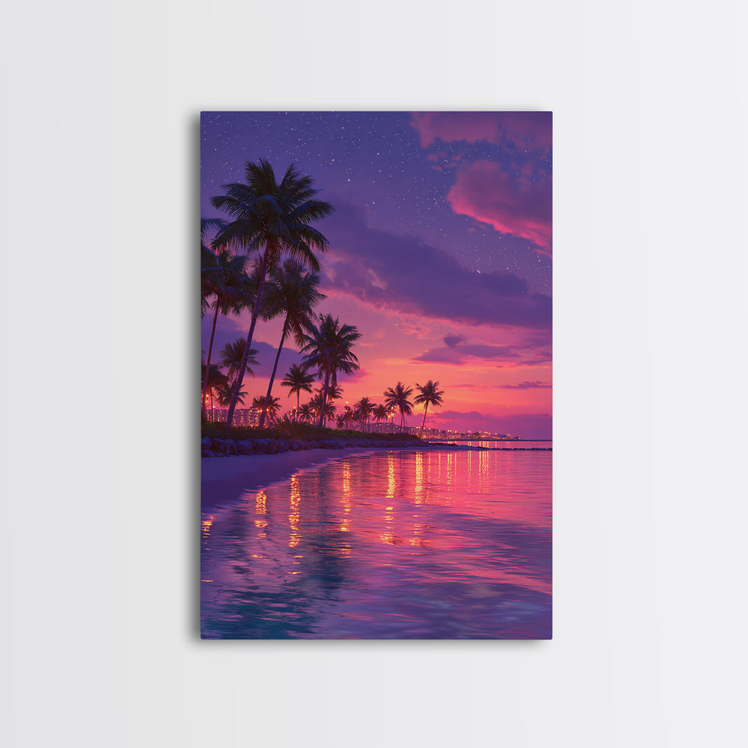 Vibrant Miami Beach Twilight With Palm Trees And City Lights Wall Art Print Canvas Wall Art Coastal Home Decor Gift For Beach Lovers