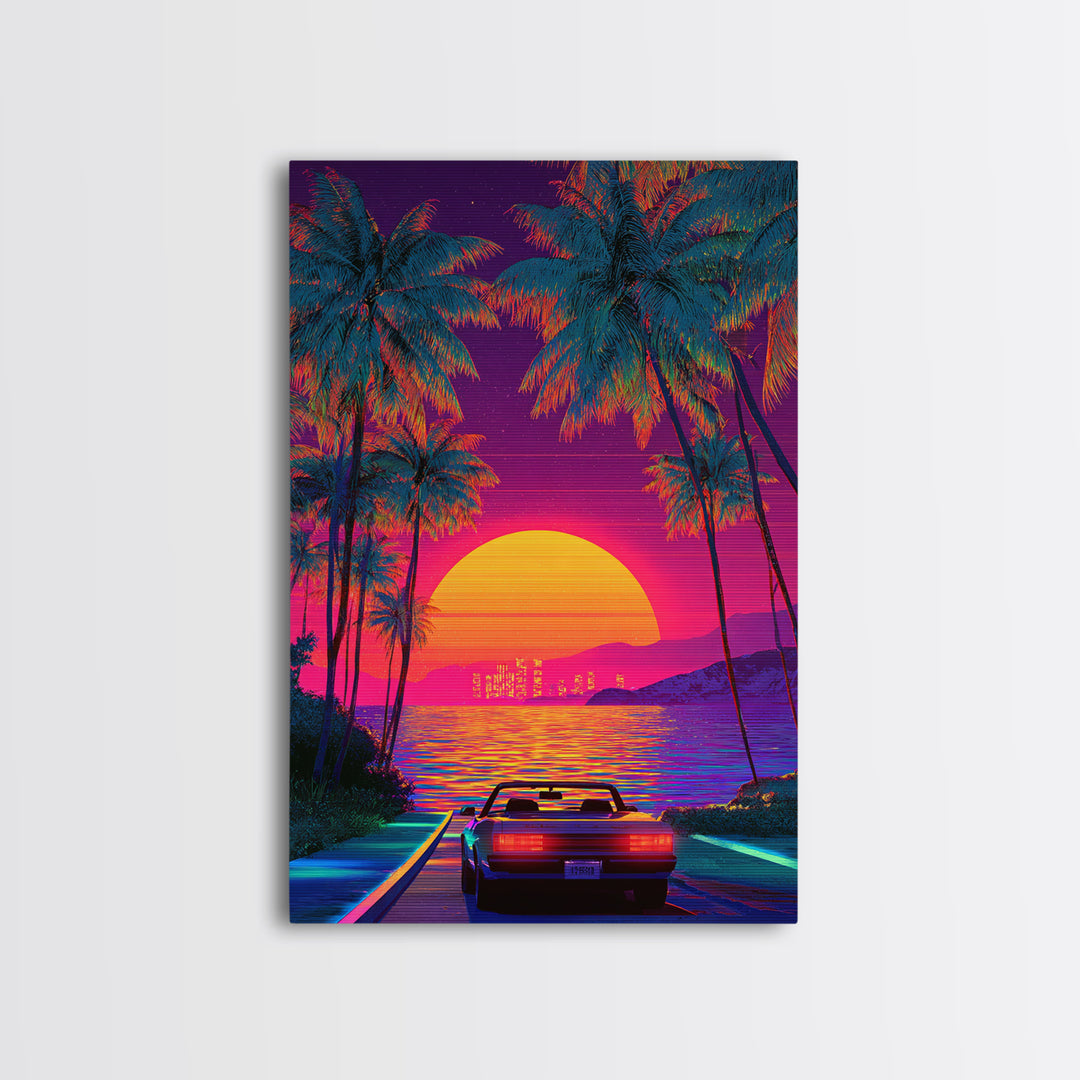 Retrowave Neon Sunset With Palm Trees And Convertible Car Canvas Print For Modern Wall Art Coastal Home Decor