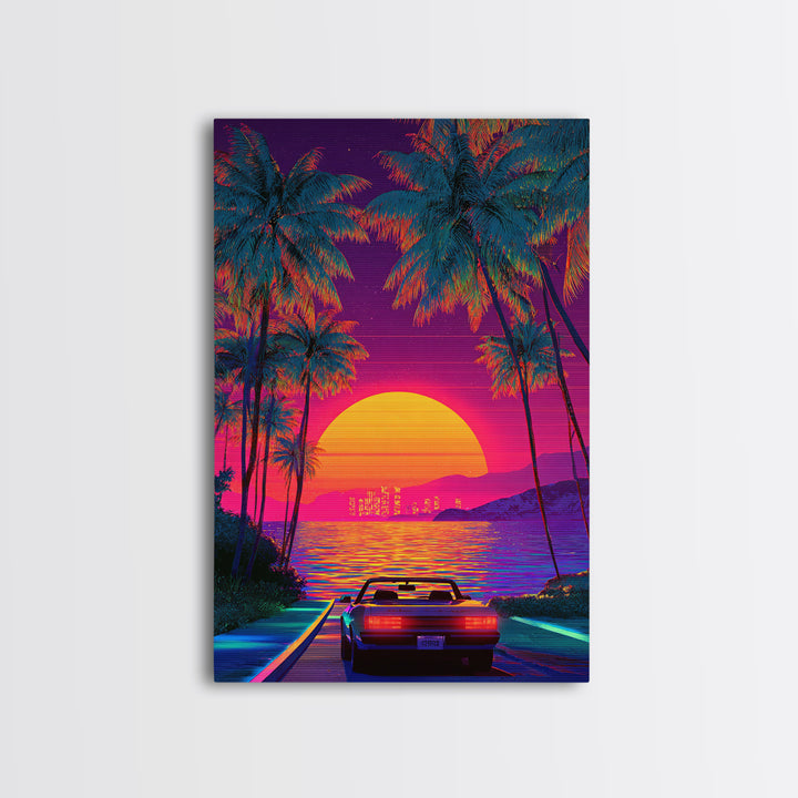 Retrowave Neon Sunset With Palm Trees And Convertible Car Canvas Print For Modern Wall Art Coastal Home Decor