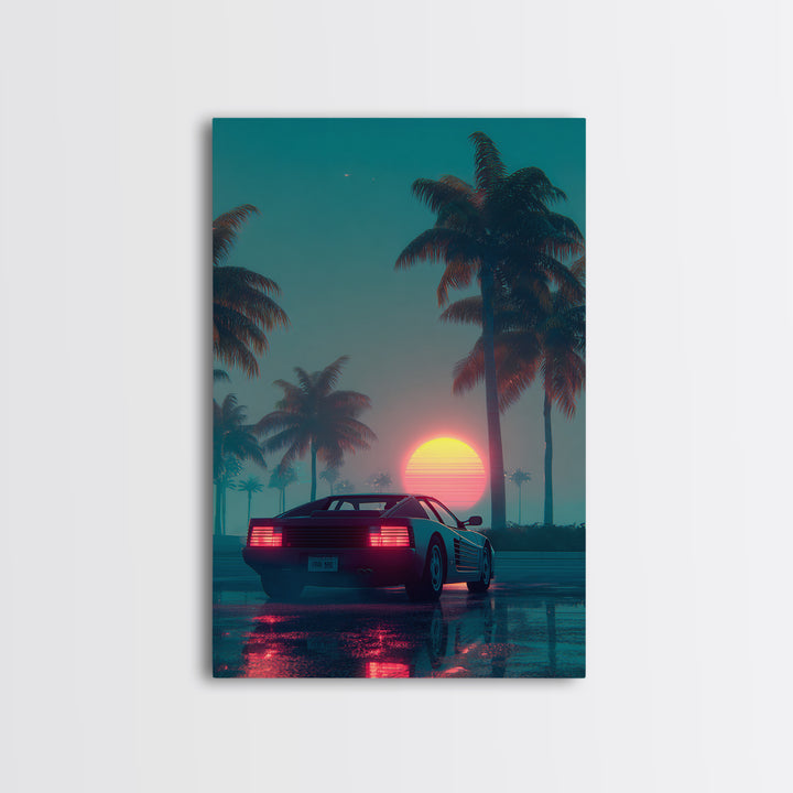 Retro Futuristic Car At Sunset Surrounded By Palm Trees With Neon Glow Vibrant Digital Art Canvas Print