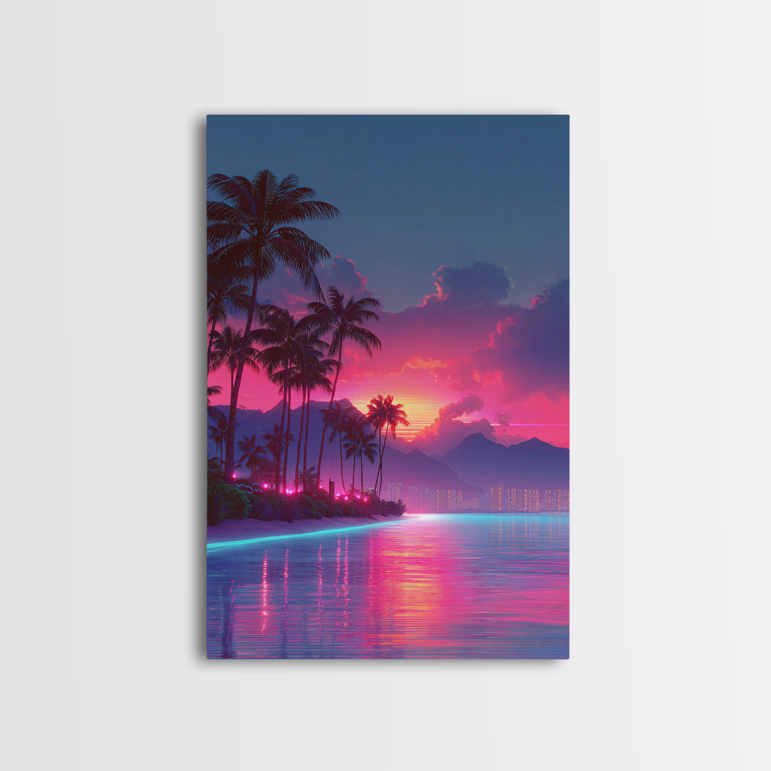 Vibrant Sunset Over Tropical Beach With Palm Trees And Reflective Ocean Modern Wall Art Print Canvas