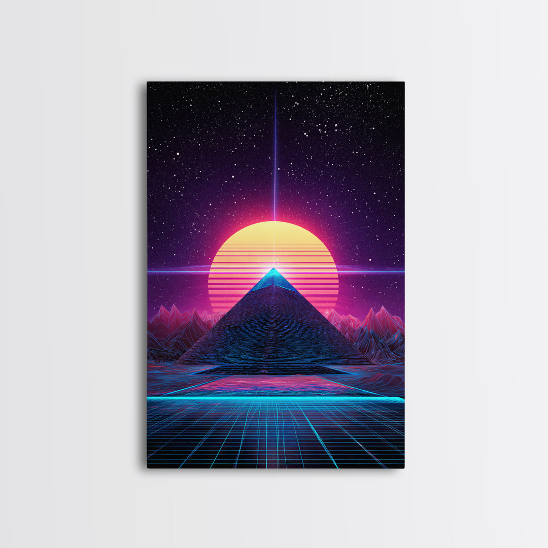 Retro Futuristic Neon Pyramid With Sun And Stars Canvas Print Modern Wall Art For Sci Fi Home Decor And Office
