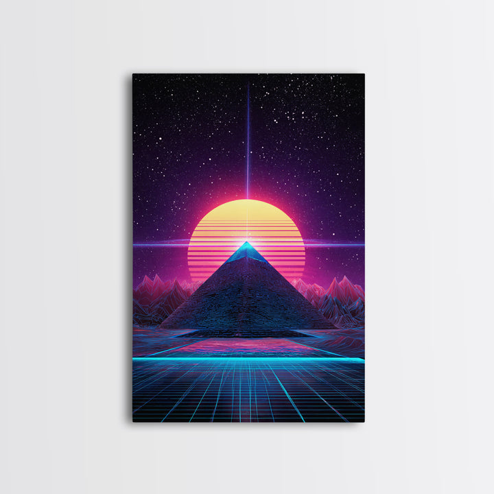 Retro Futuristic Neon Pyramid With Sun And Stars Canvas Print Modern Wall Art For Sci Fi Home Decor And Office