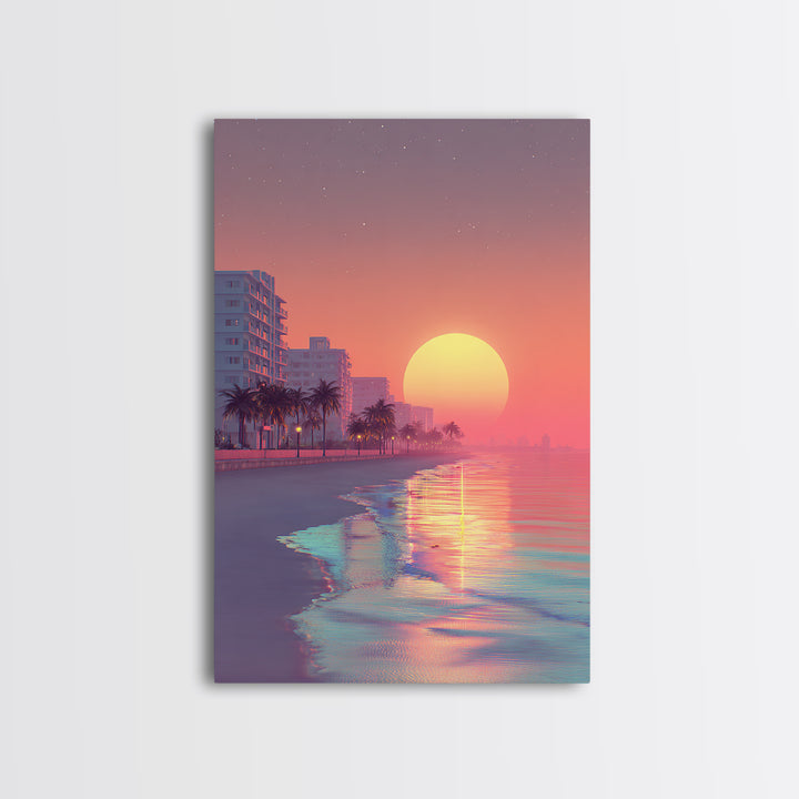 Peaceful Urban Beach Boardwalk Sunset Vibrant Wall Art Canvas Print For Contemporary Living Room Decor Tropical Coastal Vibes