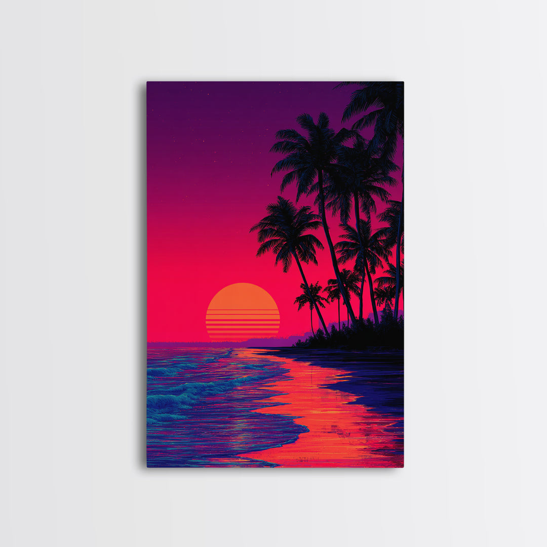 Vibrant Sunset Over Tropical Beach With Palm Trees Digital Wall Art Framed Canvas Print For Home Decor