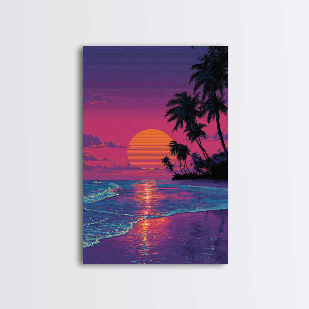 Digital Tropical Beach Sunset Wall Art Vibrant Retro Canvas Print For Coastal Living Room Decor And Relaxing Home Vibes