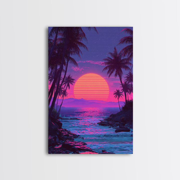 Vibrant Pink And Purple Tropical Beach Sunset With Palm Trees And Calm Ocean Retro Style Canvas Print