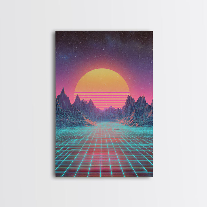 Retro Futuristic Synthwave Neon Sunset Over Wireframe Mountains Wall Art Print For Bedroom Decor Contemporary Canvas Print