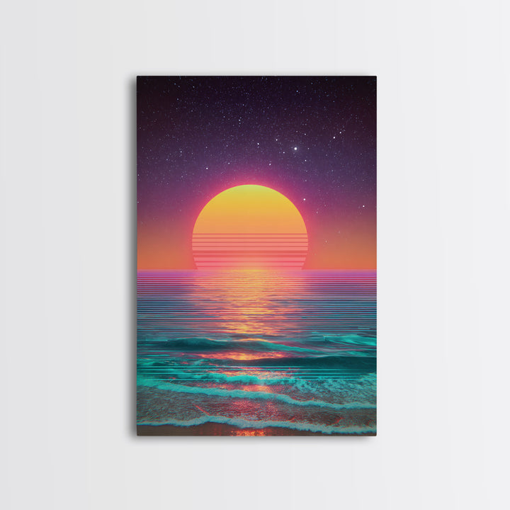 Digital Neon Sunset Ocean Wave Artwork Vibrant Abstract Modern Wall Art Large Framed Canvas Print Coastal Home Decor