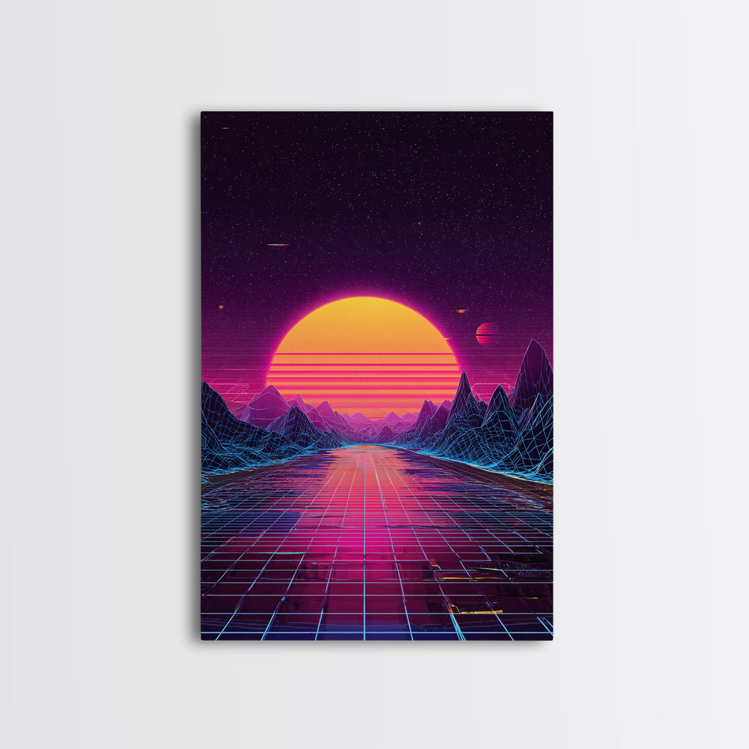 Retro Futuristic Sunset Landscape With Neon Grid Mountains And Starry Sky Wall Art Canvas Print For Modern Home Decor