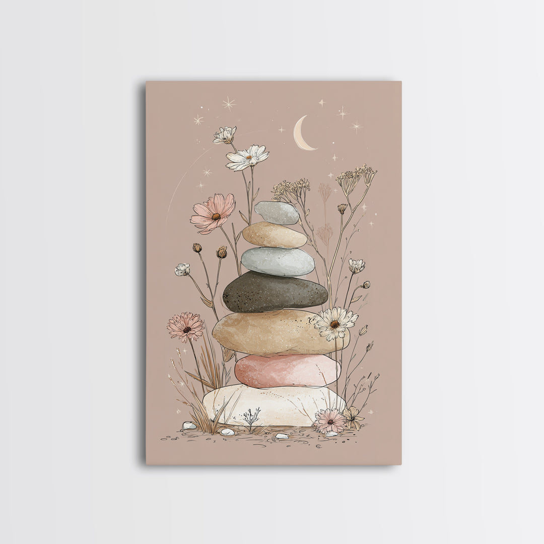 Stacked Zen Stones And Wildflowers Wall Art, Spa Bathroom Decor, Meditation Room Art, Neutral Boho Print, Calming Home Decor