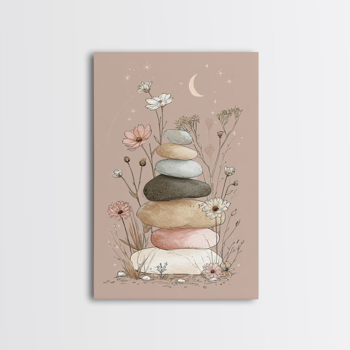 Stacked Zen Stones And Wildflowers Wall Art, Spa Bathroom Decor, Meditation Room Art, Neutral Boho Print, Calming Home Decor