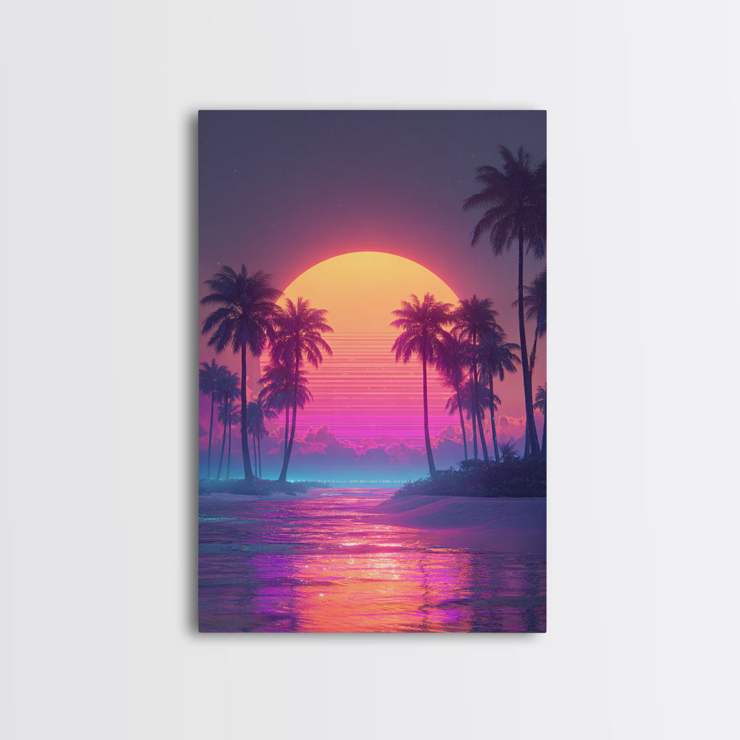 Vibrant Retro Sunset Over Tropical Beach With Palm Trees Large Wall Art Framed Canvas Print Coastal Home Decor