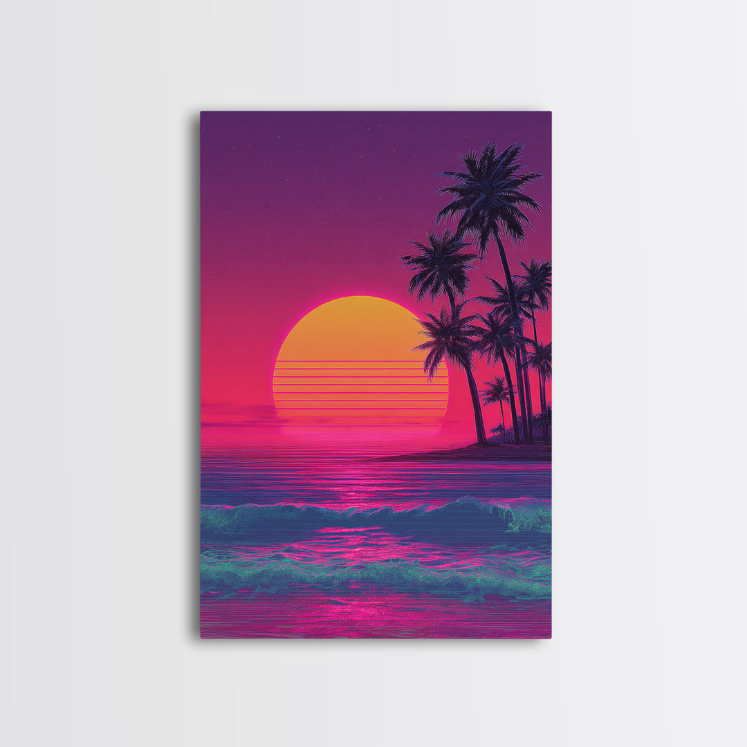 Vibrant Neon Sunset Beach With Palm Trees Retro 80s Themed Wall Art For Living Room Decor Framed Canvas Print