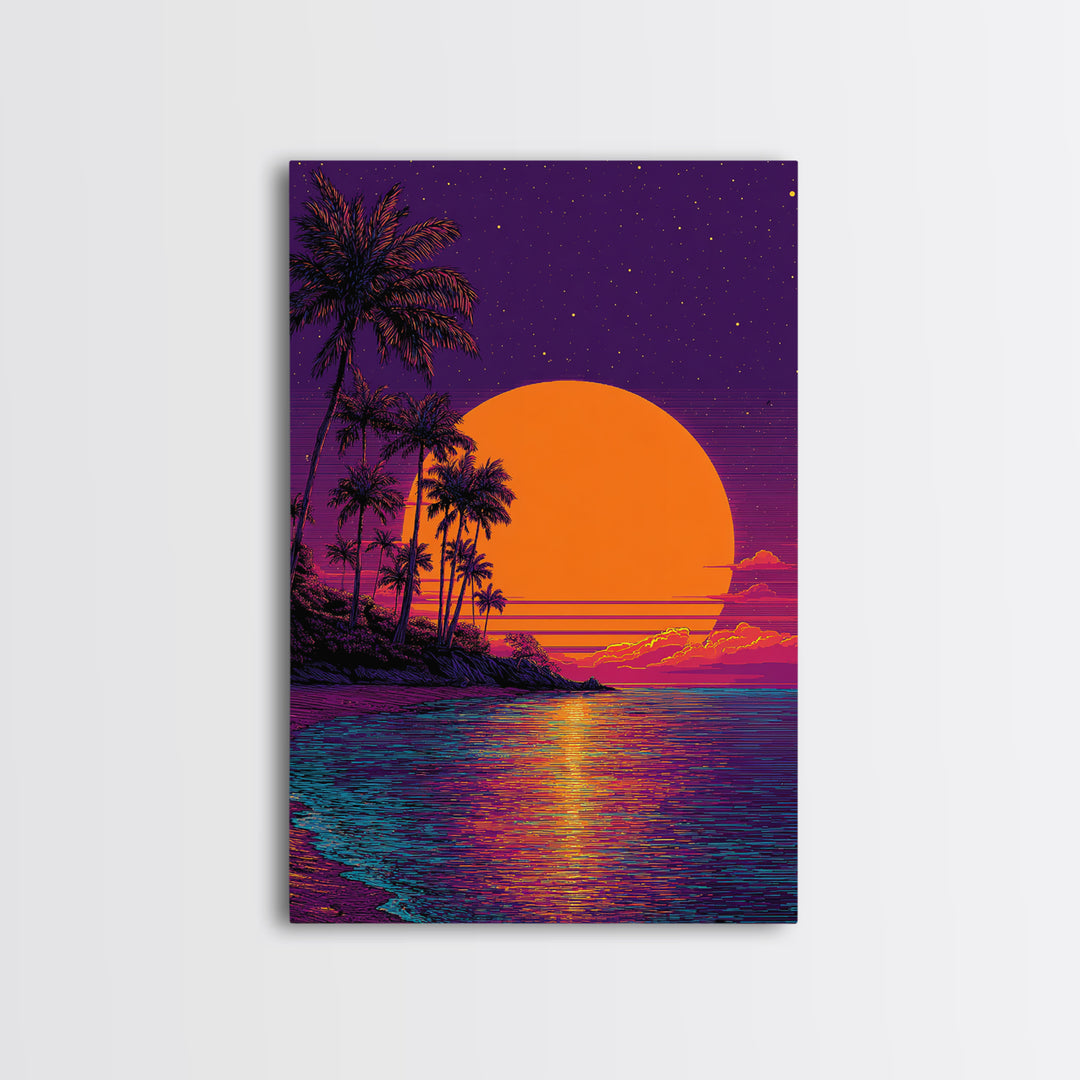 Tropical Sunset With Palm Trees Over Water Vibrant Coastal Wall Art Framed Canvas Print