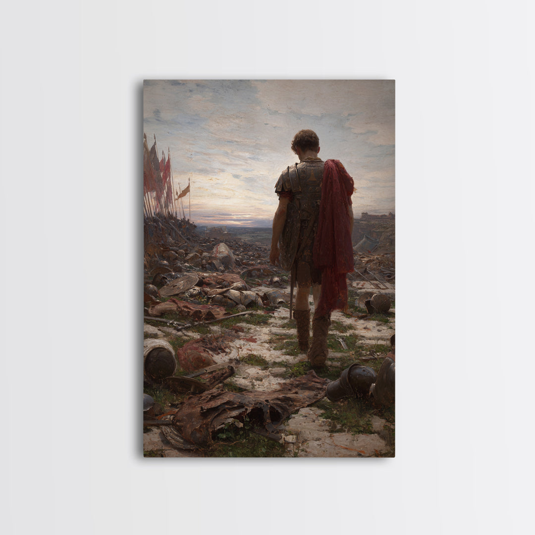 Lone Roman Soldier Framed Canvas Print, Battlefield Wall Art, Historical Warrior Oil Painting, Dark Academia Office Decor