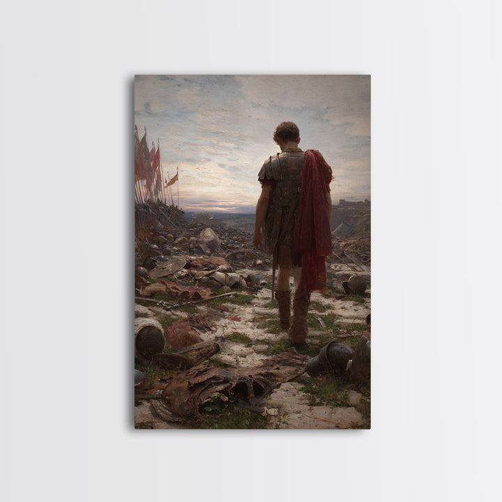 Lone Roman Soldier Framed Canvas Print, Battlefield Wall Art, Historical Warrior Oil Painting, Dark Academia Office Decor