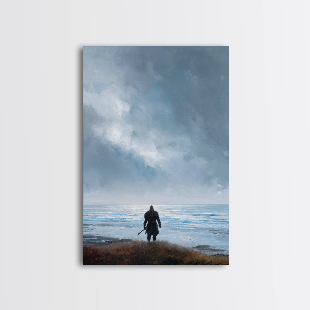 Lone Warrior Facing Cold Blue Sea Canvas Print, Minimalist Coastal Wall Art, Moody Seascape Living Room Decor, Above Bed Art
