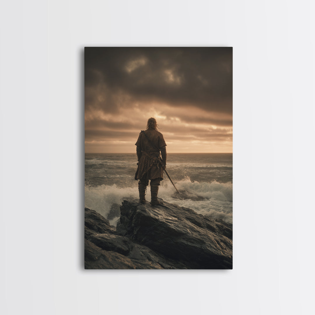 Lone Warrior On Stormy Shore Canvas Print, Moody Seascape Wall Art, Coastal Fantasy Decor, Masculine Bedroom Art Print Gift