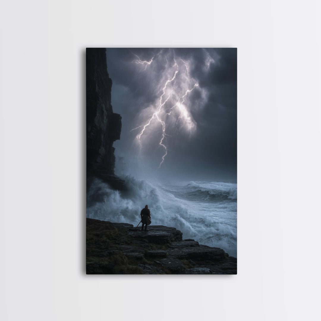 Lone Warrior Beneath Lightning Storm Framed Canvas Print, Dark Seascape Wall Art, Dramatic Fantasy Decor Print, Gift For Him