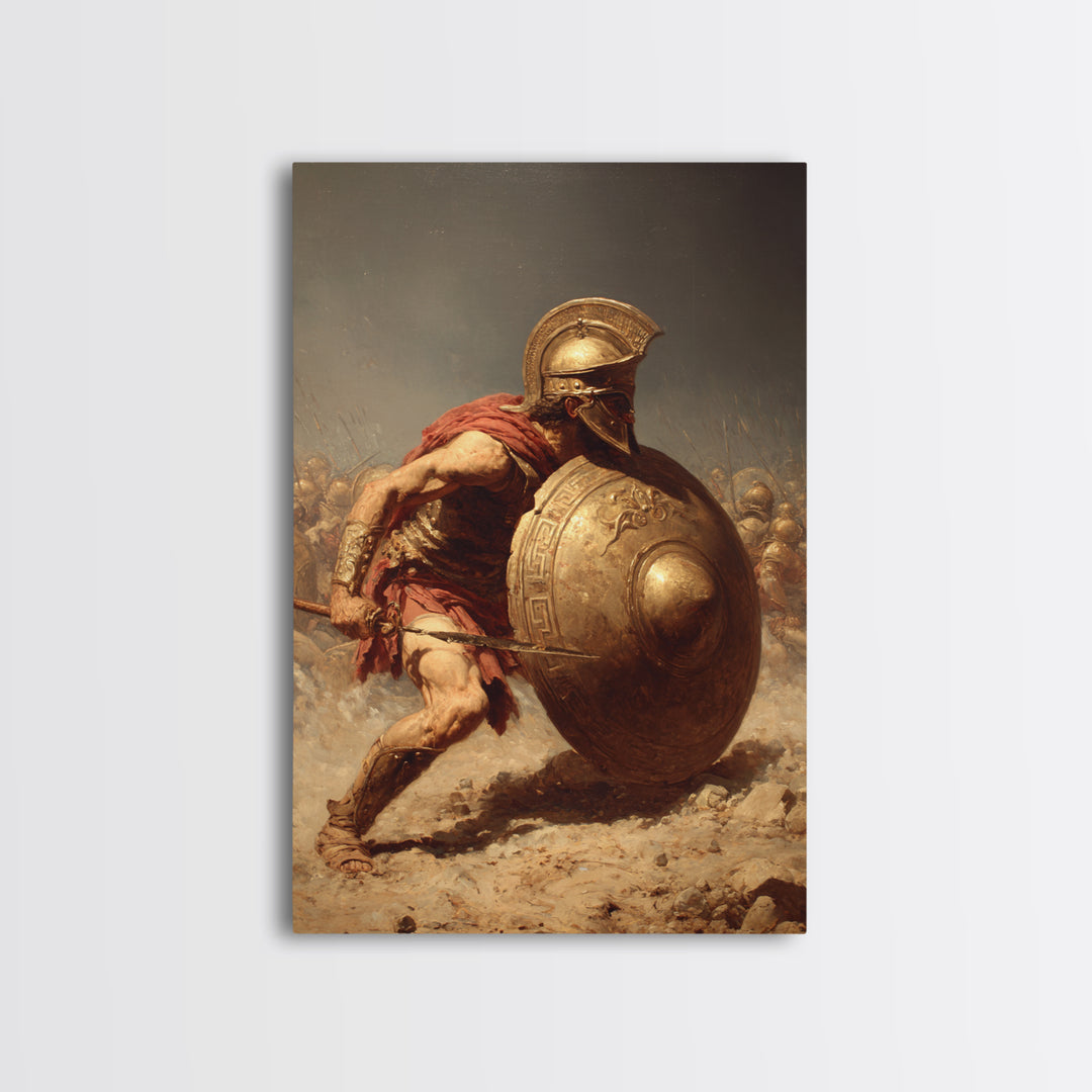 Ancient Greek Hoplite With Bronze Shield Wall Art, Spartan Warrior Canvas Print, Classical History Office Decor, Gift For Him