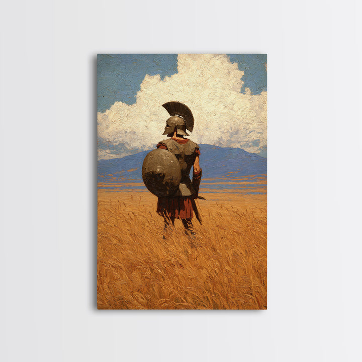 Spartan Warrior In Golden Field Canvas Print, Greek Hoplite Landscape Painting, Ancient History Wall Decor For Office Gift