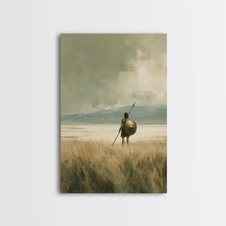 Solitary Spearman With Round Shield In Misty Field Wall Art, Ancient Warrior Canvas Print For Neutral Rustic Home Decor And Gift