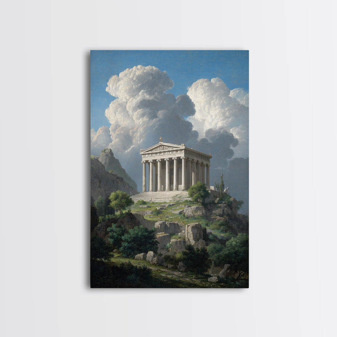 Ancient Greek Temple Under Towering Clouds Canvas Print, Classical Landscape Wall Art, Mediterranean Home Decor, Fine Art