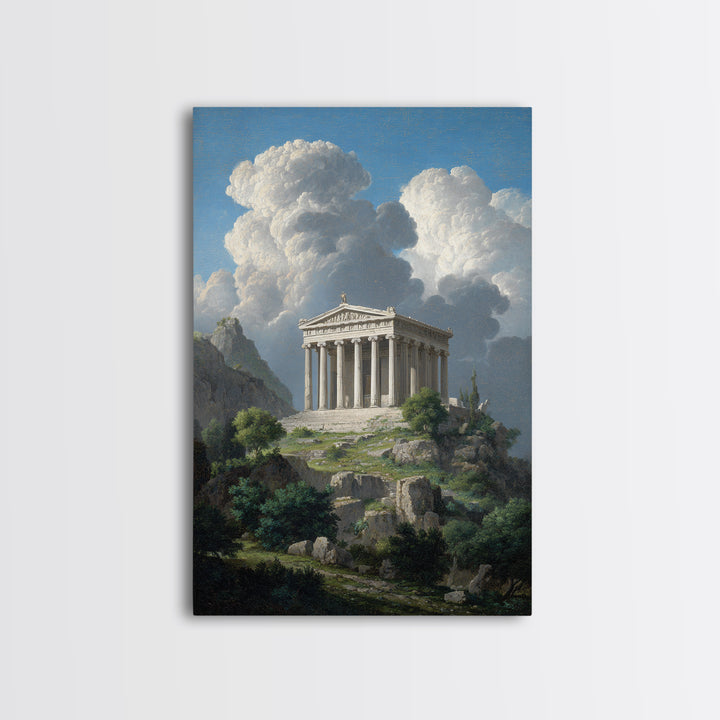 Ancient Greek Temple Under Towering Clouds Canvas Print, Classical Landscape Wall Art, Mediterranean Home Decor, Fine Art