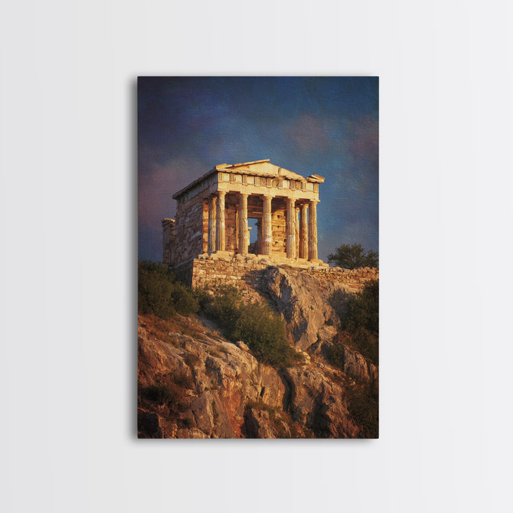 Golden Greek Temple On Rocky Hill Wall Art, Ancient Greece Landscape Painting, Mediterranean Decor, Travel Art Print, Gift For Him