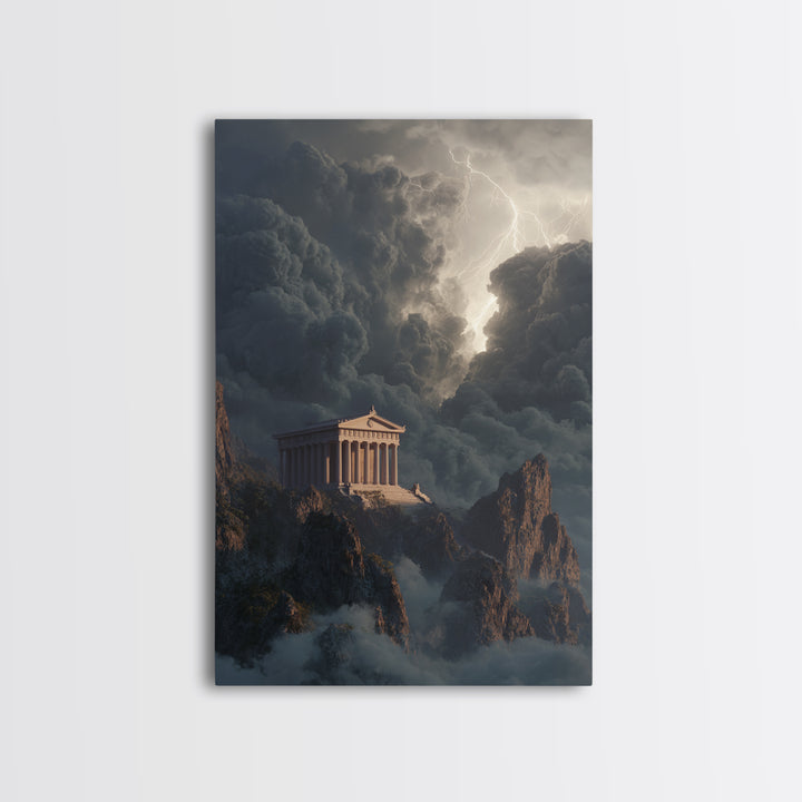 Ancient Greek Temple In Lightning Storm Framed Canvas Print, Mythological Wall Art, Dramatic Landscape Decor, Office Art
