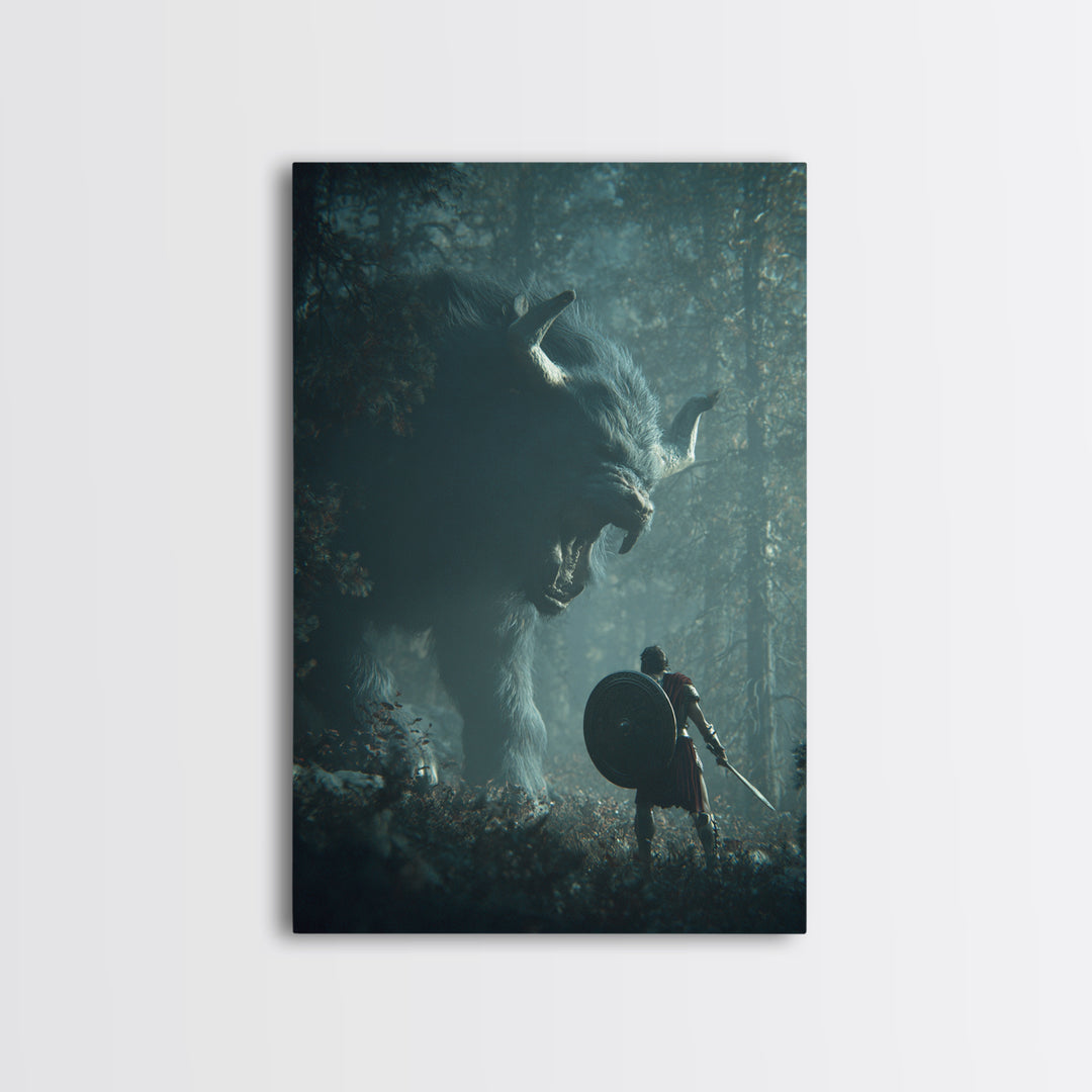Warrior Facing Giant Wolf In Forest Wall Art, Dark Fantasy Canvas Print, Mythical Creature Decor, Gift For Gamer, Adventure Art